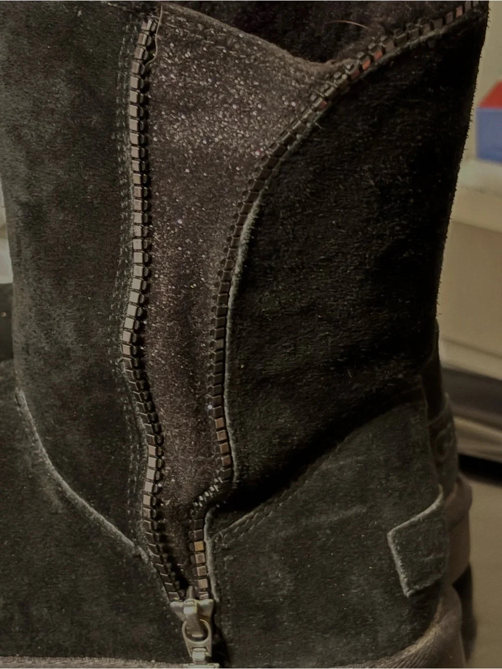 UGG Womens Black Zip Shearling Boot with Sparkle Trim